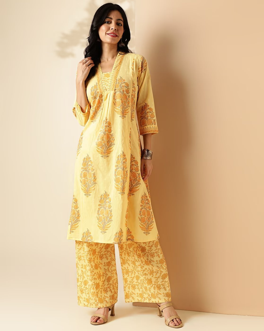 yellow & grey floral printed cotton kurta with palazzo set