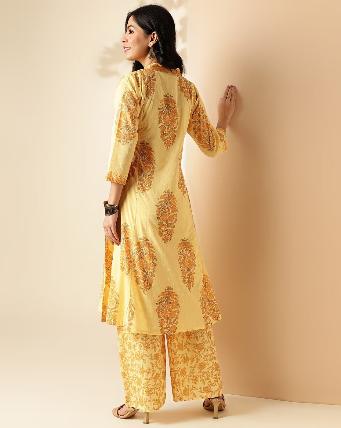 yellow & grey floral printed cotton kurta with palazzo set