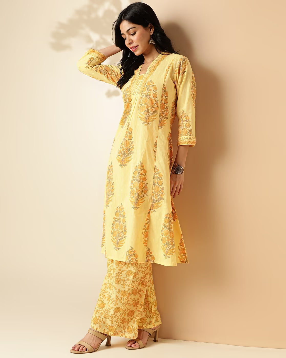 yellow & grey floral printed cotton kurta with palazzo set