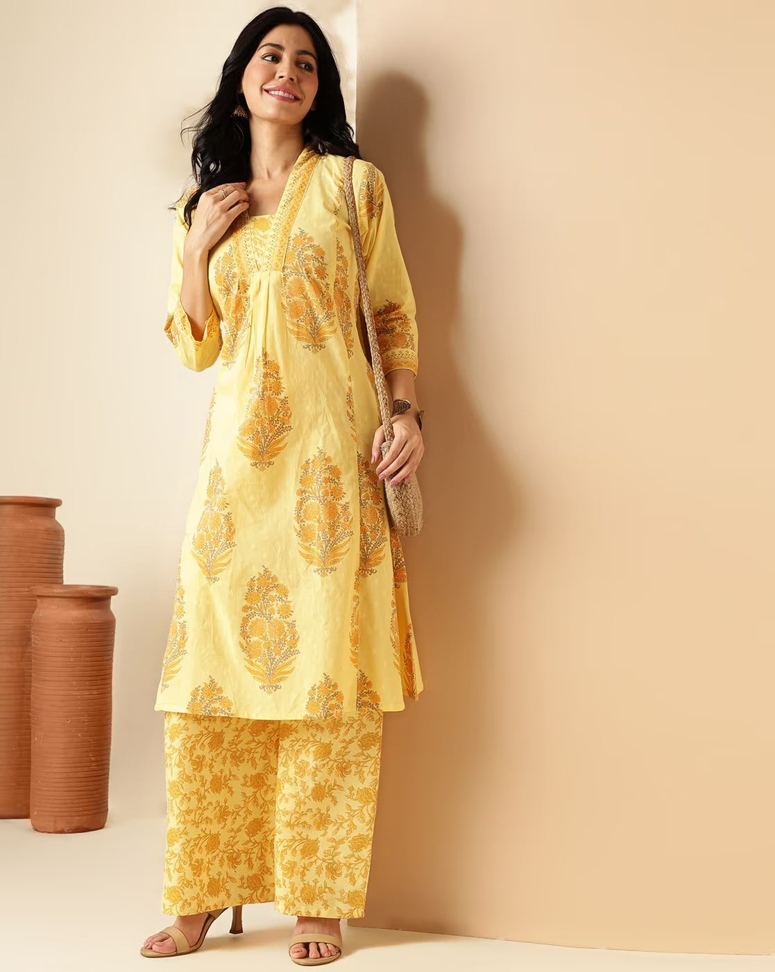 yellow & grey floral printed cotton kurta with palazzo set