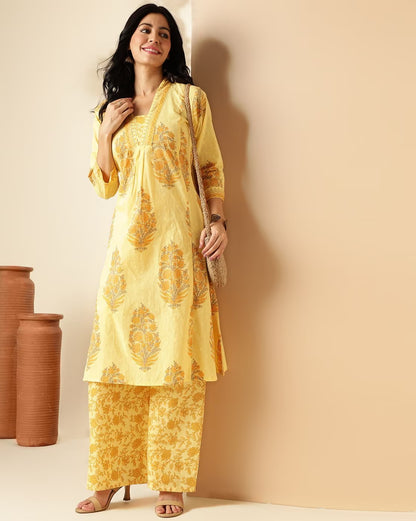 Yellow & Grey Floral Printed Cotton Kurta with Palazzo Set