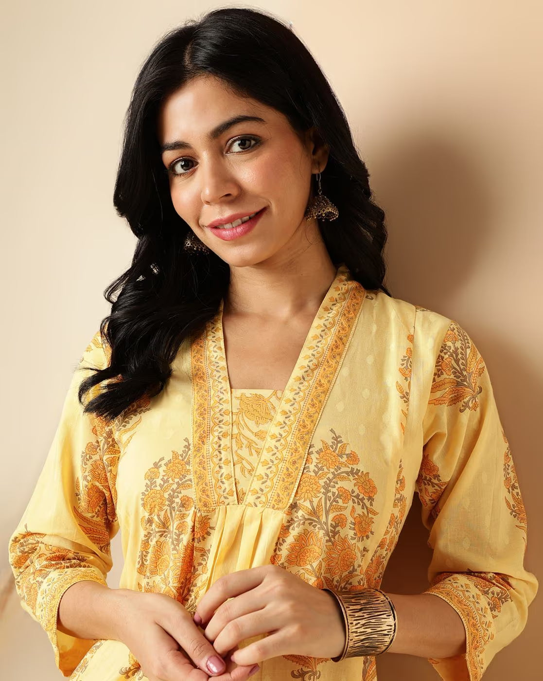 yellow & grey floral printed cotton kurta with palazzo set