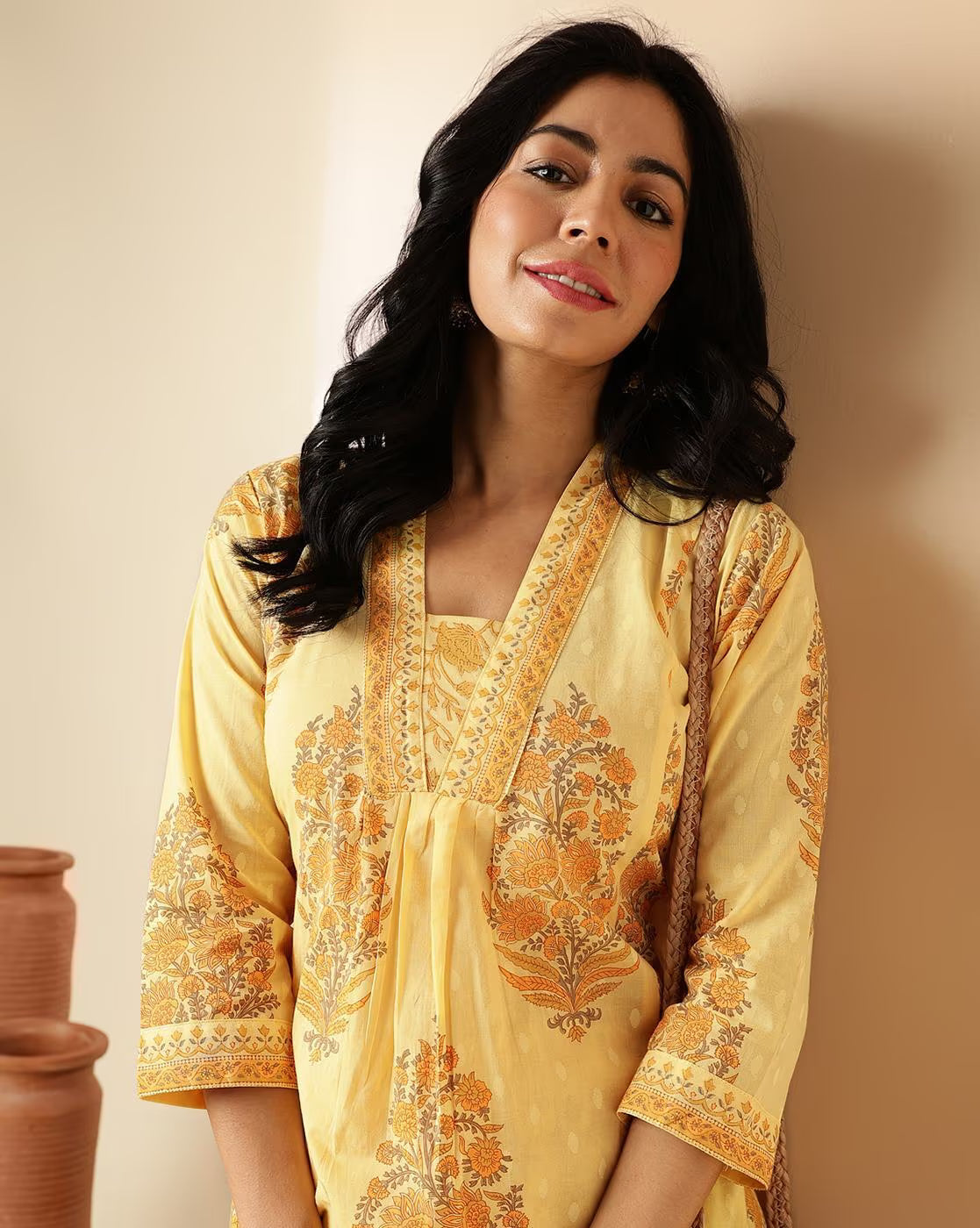 yellow & grey floral printed cotton kurta with palazzo set