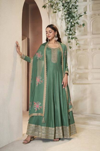 Sukartaa Dola Embroidered Gown with Dupatta – Heavy Zari Work | Green