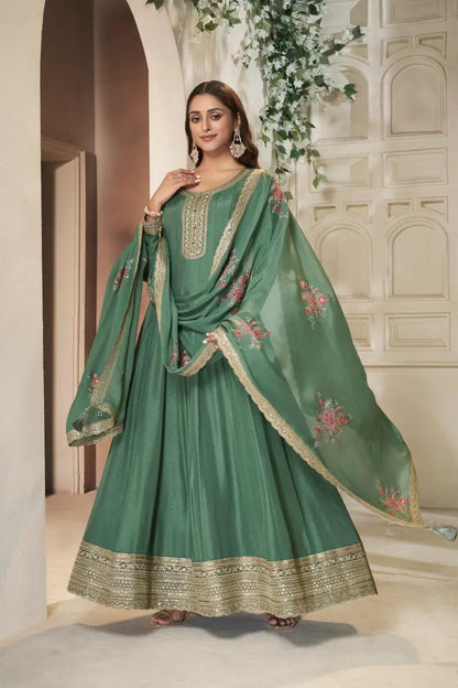 Sukartaa Dola Embroidered Gown with Dupatta – Heavy Zari Work | Green
