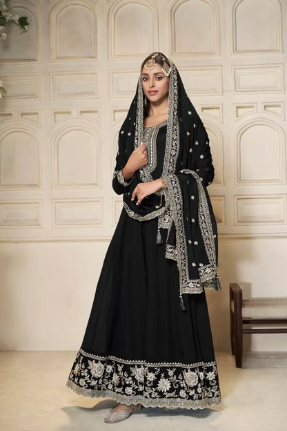 Sukartaa Dola Embroidered Gown with Dupatta – Heavy Zari Work |BLACK