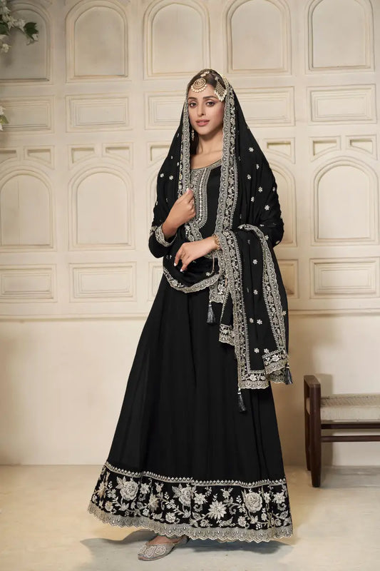 Sukartaa Dola Embroidered Gown with Dupatta – Heavy Zari Work |BLACK