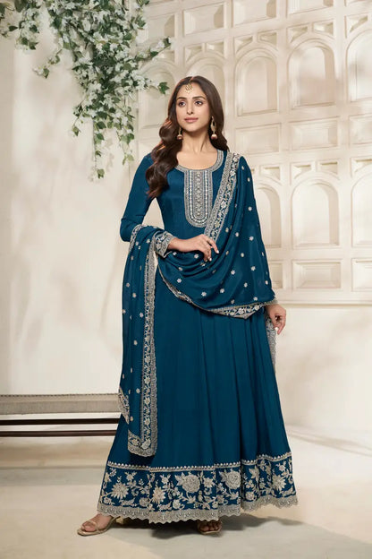 Sukartaa Dola Embroidered Gown with Dupatta – Heavy Zari Work |BLUE