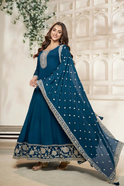 Sukartaa Dola Embroidered Gown with Dupatta – Heavy Zari Work |BLUE