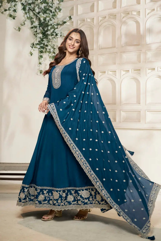 Sukartaa Dola Embroidered Gown with Dupatta – Heavy Zari Work |BLUE