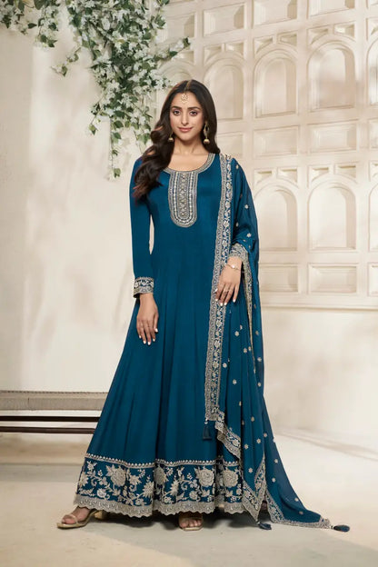 Sukartaa Dola Embroidered Gown with Dupatta – Heavy Zari Work |BLUE