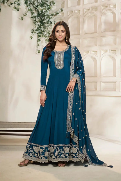 Sukartaa Dola Embroidered Gown with Dupatta – Heavy Zari Work |BLUE