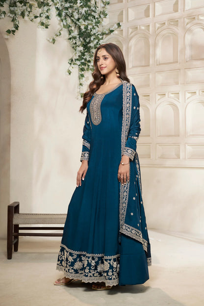 Sukartaa Dola Embroidered Gown with Dupatta – Heavy Zari Work |BLUE