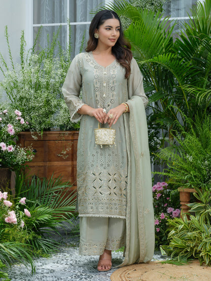 Sukartaa Stylish Partywear Suit Set in Pure Chinon with Mirror & Zari Work – Pista