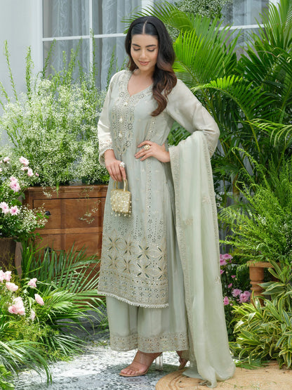 Sukartaa Stylish Partywear Suit Set in Pure Chinon with Mirror & Zari Work – Pista