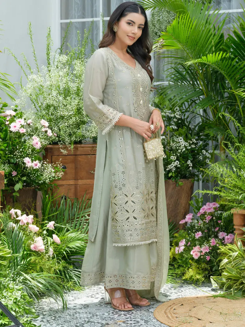 sukartaa stylish partywear suit set in pure chinon with mirror & zari work – pista