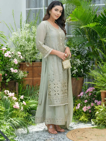 Sukartaa Stylish Partywear Suit Set in Pure Chinon with Mirror & Zari Work – Pista