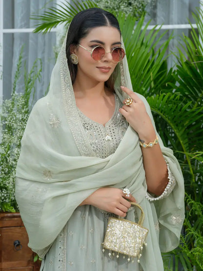 Sukartaa Stylish Partywear Suit Set in Pure Chinon with Mirror & Zari Work – Pista