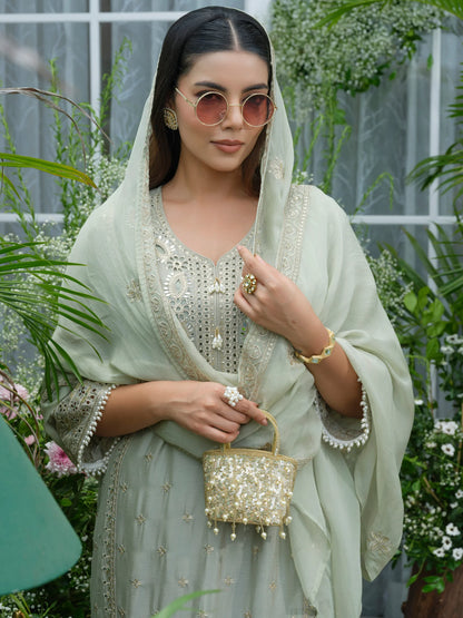 Sukartaa Stylish Partywear Suit Set in Pure Chinon with Mirror & Zari Work – Pista