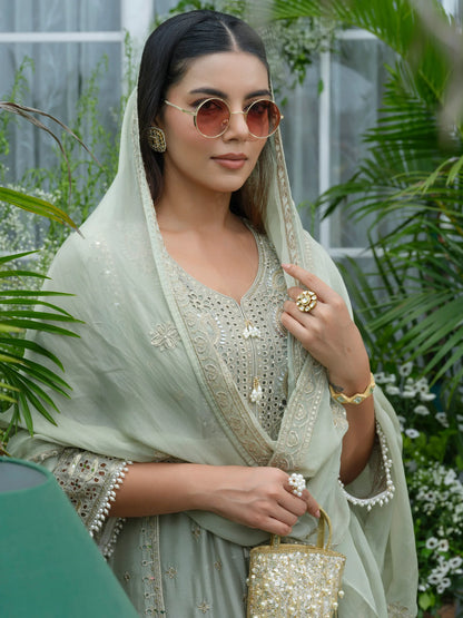 Sukartaa Stylish Partywear Suit Set in Pure Chinon with Mirror & Zari Work – Pista