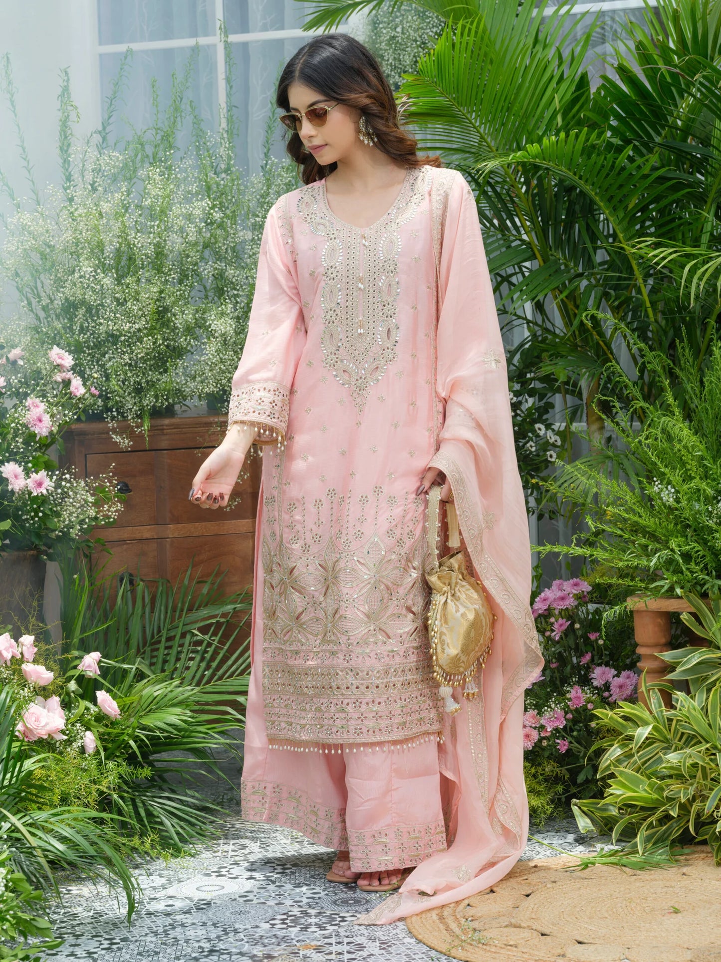 sukartaa stylish partywear suit set in pure chinon with mirror & zari work – pink
