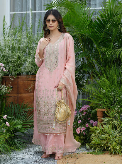 Sukartaa Stylish Partywear Suit Set in Pure Chinon with Mirror & Zari Work – Pink