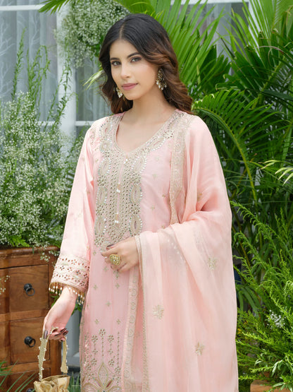 Sukartaa Stylish Partywear Suit Set in Pure Chinon with Mirror & Zari Work – Pink