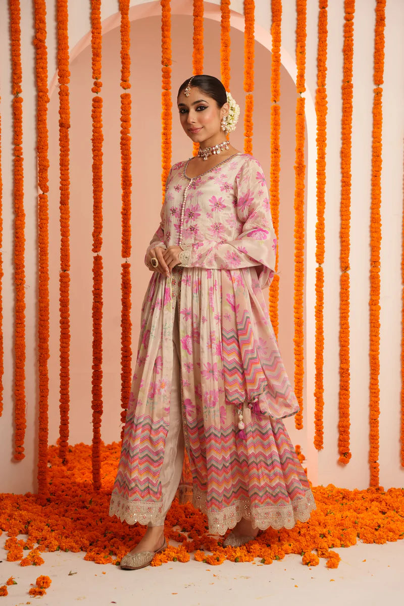 Gold Floral Printed Italian Silk Anarkali Set-sukartaa