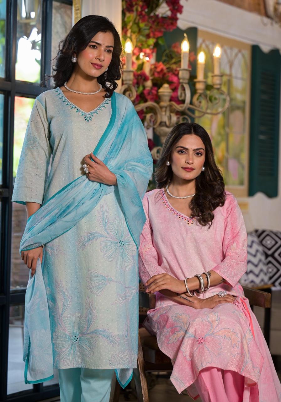 pastel bloom cotton suit set | elegant embroidered kurta by sukartaa