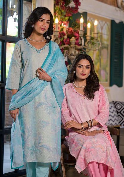 Pastel Bloom Cotton Suit Set | Elegant Embroidered Kurta by Sukartaa