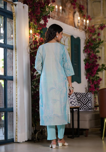 Pastel Bloom Cotton Suit Set | Elegant Embroidered Kurta by Sukartaa