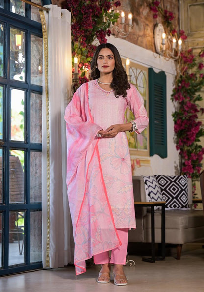 Pastel Bloom Cotton Suit Set | Elegant Embroidered Kurta by Sukartaa