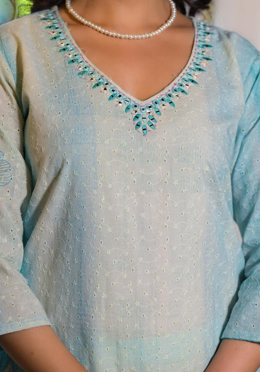 Pastel Bloom Cotton Suit Set | Elegant Embroidered Kurta by Sukartaa