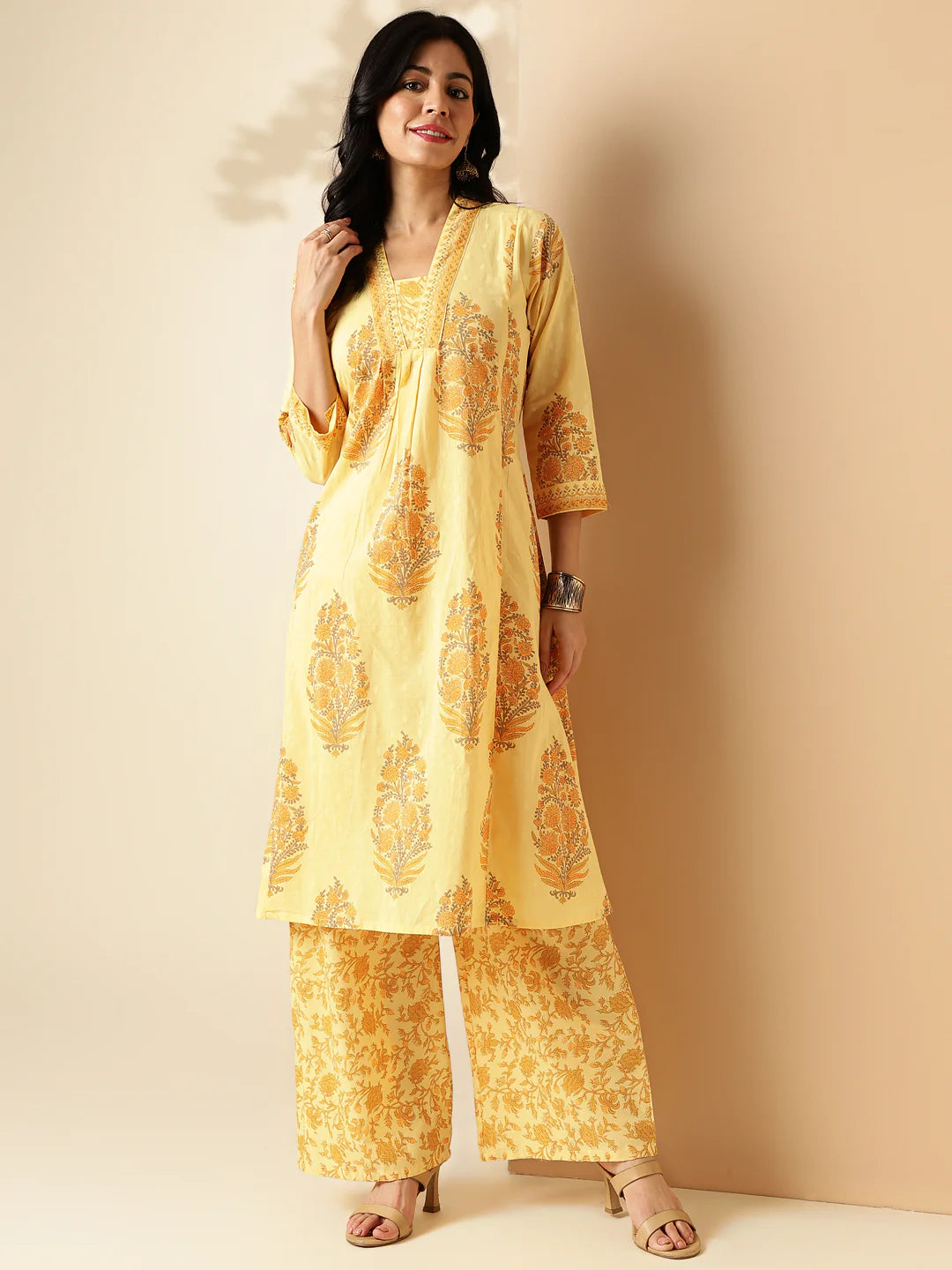 yellow floral print a-line cotton kurta with palazzo-sukartaa