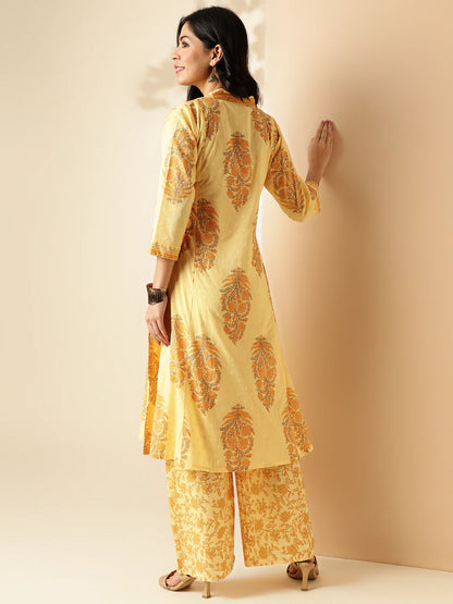 Yellow Floral Print A-Line Cotton Kurta With Palazzo-sukartaa