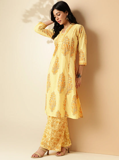 Yellow Floral Print A-Line Cotton Kurta With Palazzo-sukartaa