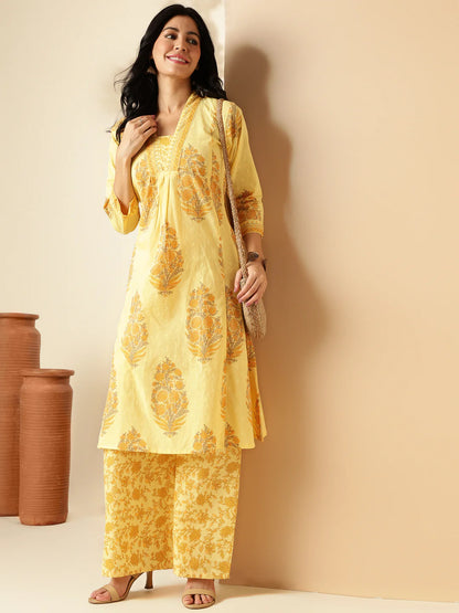 Yellow Floral Print A-Line Cotton Kurta With Palazzo-sukartaa