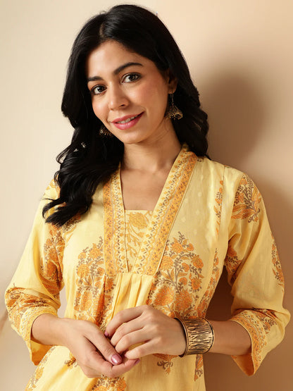 Yellow Floral Print A-Line Cotton Kurta With Palazzo-sukartaa