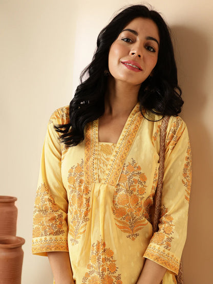 Yellow Floral Print A-Line Cotton Kurta With Palazzo-sukartaa