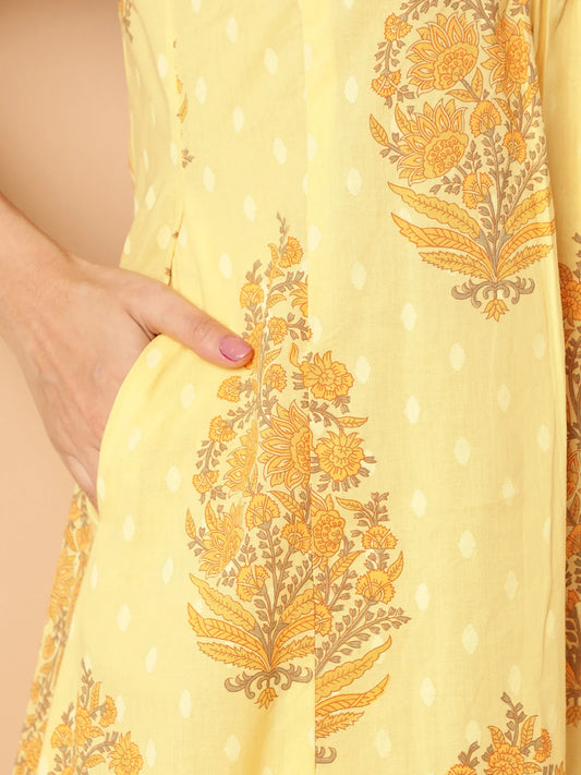 Yellow Floral Print A-Line Cotton Kurta With Palazzo-sukartaa