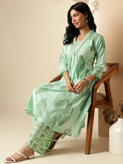 Sea Green Floral Print A-Line Cotton Kurta With Palazzo-sukartaa