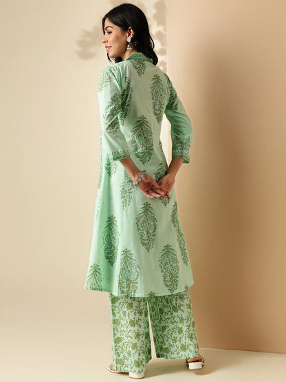 Sea Green Floral Print A-Line Cotton Kurta With Palazzo-sukartaa