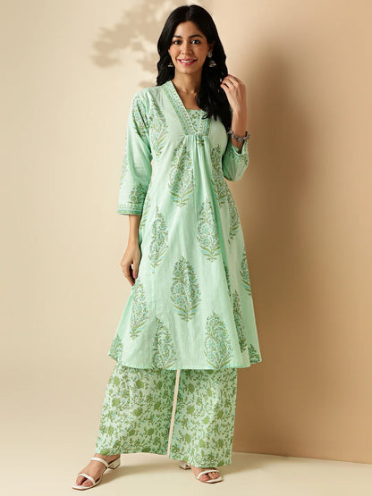 Sea Green Floral Print A-Line Cotton Kurta With Palazzo-sukartaa