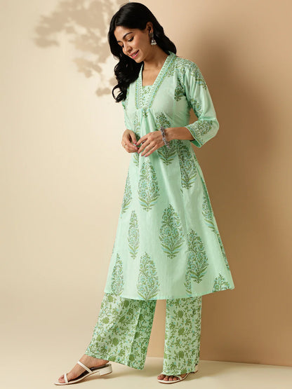 Sea Green Floral Print A-Line Cotton Kurta With Palazzo-sukartaa