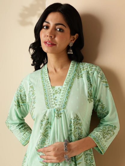 Sea Green Floral Print A-Line Cotton Kurta With Palazzo-sukartaa