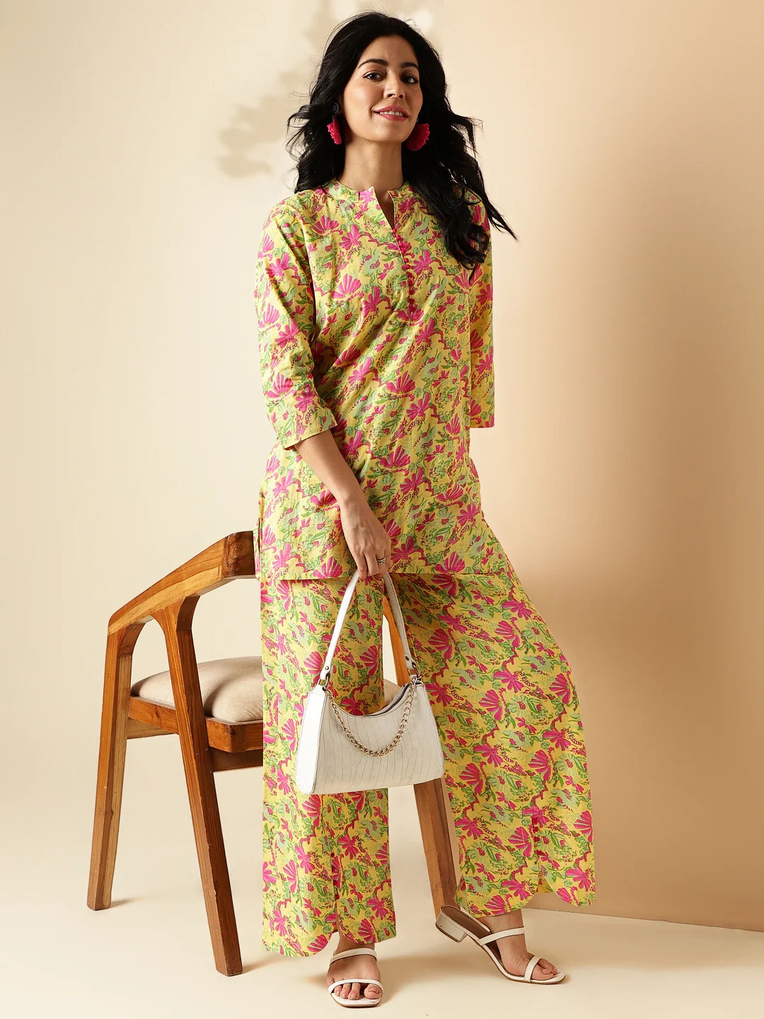 yellow floral print straight cotton co-ord set-sukartaa