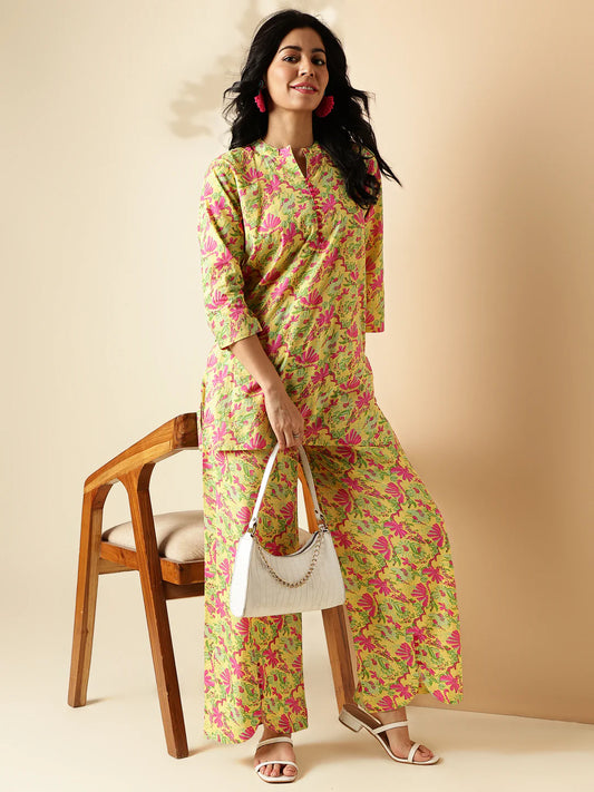 Yellow Floral Print Straight Cotton Co-Ord Set-sukartaa