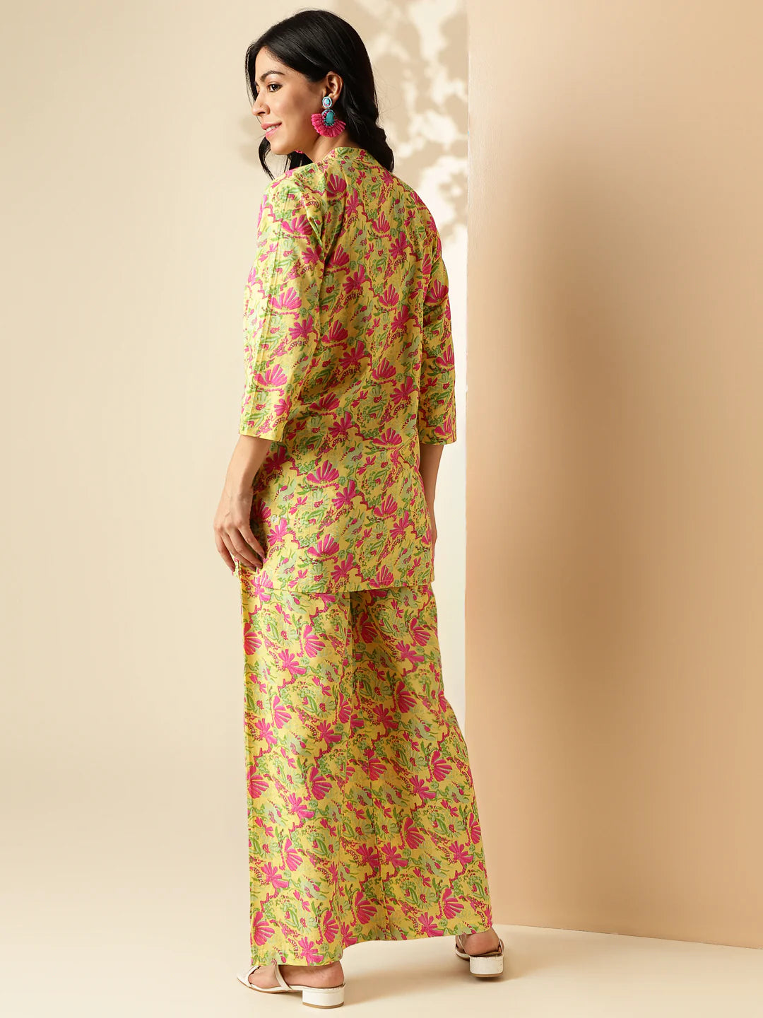 yellow floral print straight cotton co-ord set-sukartaa