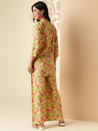 Yellow Floral Print Straight Cotton Co-Ord Set-sukartaa