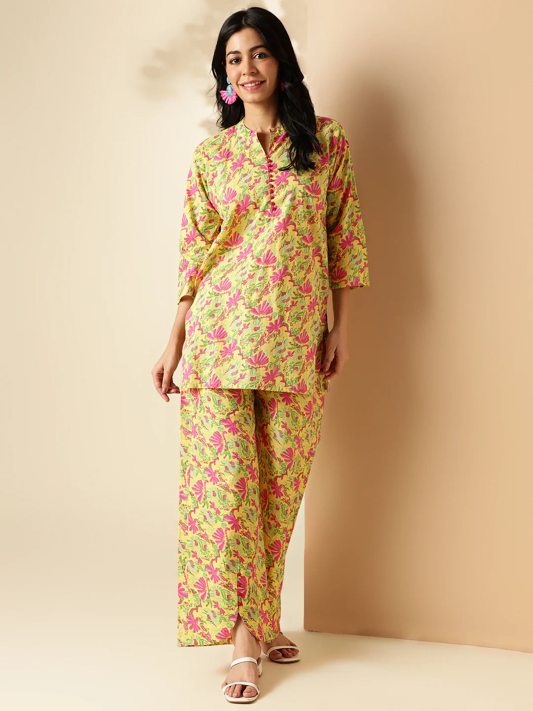 yellow floral print straight cotton co-ord set-sukartaa